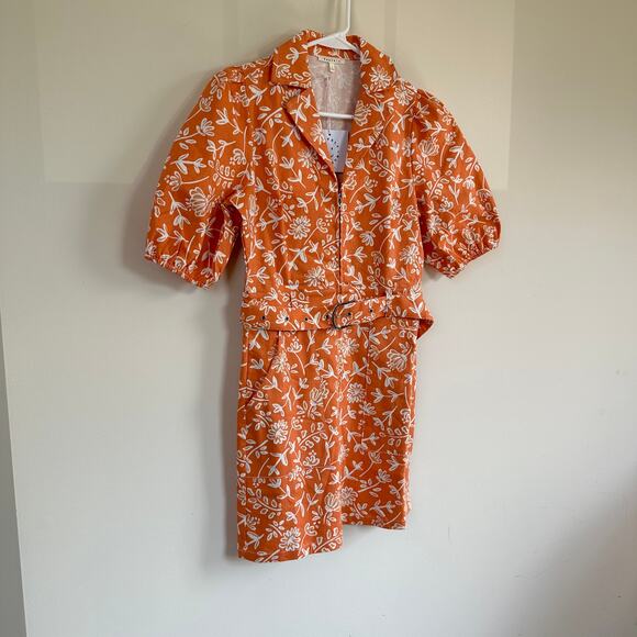 BaeVely Denim Mini Shirt Dress Preppy Belted Short Sleeve Floral Orange SMALL - Picture 7 of 14